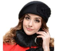 Béret en laine, réglable pour femme, chapeau chaud à fleurs, chapeau de style français, chapeau d'hiver chaud vintage en laine pour femme, chapeau de peintre, Noir , Taille unique