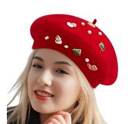 Béret français, béret d'hiver - Chapeau de peintre en laine de Noël vintage, chapeau élégant, doux et chaud, costume de Noël, coiffe d'hiver pour femmes et filles, Rouge, 1