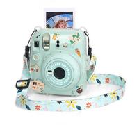 Berfea Étui de protection transparent transparent compatible avec appareil photo instantané Polaroid Fujifilm Instax Mini 12 avec bandoulières, autocollants et poche de rangement pour photos, Vert,