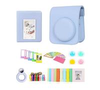 Berfea Étui Housse de Protection pour Appareil Photo Compatible avec Fujifilm Instax Mini 12 - avec Sac à bandoulière, Album, Autocollants, Filtre coloré, Cadre décoratif Mural, Objectif Selfie, Bleu