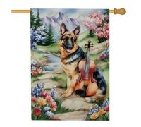 Berger allemand d'été avec violon, décoration extérieure florale colorée, bannière double face pour la maison, décoration saisonnière de printemps, 71 x 101 cm