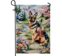 Berger allemand d'été avec violon, décoration extérieure florale colorée, bannière double face pour la maison, décoration saisonnière de printemps, 30,5 x 45,7 cm
