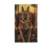 Berger allemand lisant dans un fauteuil en cuir, drapeaux de cour, maison, bannière de vœux avec œillets, décoration d'intérieur et d'extérieur