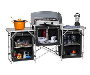 BERGER Cuisine de camping pliable XL - Légère - Avec plan de travail en aluminium enroulable - Protection contre le vent et sac de transport - Armoire pliante stable avec structure en aluminium et