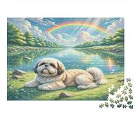 Berger mioritique roumain Papier épais Chien Blanc à Poils Longs près d’Un lac avec Arc-en-Ciel Lot Puzzle pour Seniors Entraînement cérébral Cadeau Secret de Noël 38x26cm/1000 pièces
