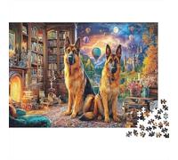 Bergers Allemands dans la Bibliothèque Papier Premium Deux bergers allemands dans Une bibliothèque Magique Puzzle à Monter soi-même Jouet éducatif pour débutants 38x26cm/1000 pièces