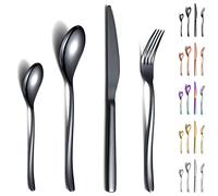 Berglander Ensemble de couverts noirs 24 pièces, fourchettes et cuillères en acier inoxydable robuste plaqué titane noir Ensemble d'ustensiles résistant à la rouille, lavable au lave-vaisselle