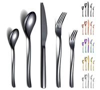 Berglander Ensemble de couverts noirs 30 pièces, fourchettes et cuillères en acier inoxydable robuste plaqué titane noir Ensemble d'ustensiles résistant à la rouille, lavable au lave-vaisselle