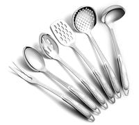 Berglander ustensiles de cuisine en acier inoxydable 6 pièces, gadgets de cuisine essentiels un spatules en métal, écumoire, louche, cuillère de service, cuillère à fentes, fourchette à découper