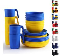 Berglander vaisselle en plastique 24pcs pour 6, assiettes et de bols réutilisables de couleur UKR comprenant des assiettes à dîner, assiette à dessert, bols de céréales, tasses pour la maison, jardin