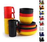 Berglander vaisselle en plastique 24pcs pour 6, DE couleur Assiettes et bols réutilisables comprend des assiettes à dîner, assiette à dessert, bols de céréales, tasses pour la maison, jardin, pique-