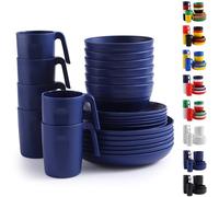 Berglander vaisselle en plastique 24pcs pour 6, EUR Assiettes et bols réutilisables bleu comprenant des assiettes à manger, assiette à dessert, bols de céréales, tasses pour la maison, jardin, pique