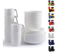 Berglander vaisselle en plastique blanc 24pcs pour 6, Assiettes et bols réutilisables comprend des assiettes à dîner, assiette à dessert, bols de céréales, tasses pour la maison, jardin, pique-