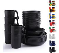Berglander vaisselle en plastique noir 24pcs pour 6, Assiettes et bols réutilisables comprend des assiettes à manger, Assiette à dessert, Bols de céréales, Tasses pour la maison, Jardin, Pique-