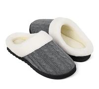 BERGMAN KELLY Chaussons pour femme, mousse à mémoire de forme intérieure/extérieure avec tige en tricot torsadé, col en fausse fourrure, doublure en polaire, gris clocher