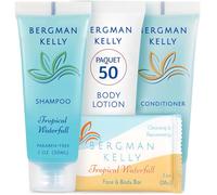 Bergman Kelly Hotel Toiletries Bundle - Cascade tropicale, 30 ml chacun, 200 pièces - Ensemble de 4 pièces : 50 savons en barre, shampoing, après-shampoing et lotion pour le corps