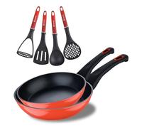 Bergner Classique | Set de 6 pièces | Lot de 2 poêles de 20 et 24 cm et 4 ustensiles | Fabriqué en aluminium forgé | Convient à tous les types de cuisines | Ustensiles de cuisine | Rouge