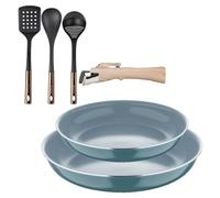 Bergner Click&Cook Lot de 2 poêles Ø22 cm et Ø26 cm avec manche amovible en aluminium pressé + Set de 3 ustensiles de cuisine en PBT noir et cuivre