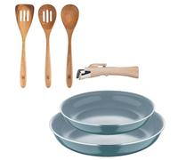 Bergner Click&Cook Lot de 2 poêles Ø22 cm et Ø26 cm avec manche amovible en aluminium pressé + Set de 3 ustensiles de cuisine en acacia