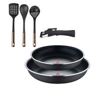 Bergner Click&Cook Lot de 2 poêles Ø22Ø26 cm en aluminium pressé noir avec manche amovible + Set de 3 ustensiles de cuisine en PBT noir et cuivre