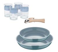 Bergner Click&Cook Lot de 2 poêles Ø24Ø28 cm Aluminium pressé recyclé vert avec manche amovible + Lot de 4 verres de 0,5 l