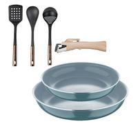 Bergner Click&Cook Lot de 2 poêles Ø24Ø28 cm Aluminium pressé recyclé vert avec manche amovible + Set de 3 ustensiles de cuisine