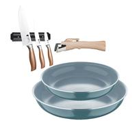 Bergner Click&Cook Lot de 2 poêles Ø24Ø28 cm Aluminium pressé recyclé vert avec manche amovible + Set de 3 couteaux avec support magnétique
