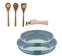 Bergner Click&Cook Lot de 2 poêles Ø24Ø28 cm en aluminium pressé recyclé vert avec manche amovible + Set de 3 ustensiles de cuisine en bois d'acacia