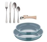 Bergner Click&Cook Lot de 2 poêles en aluminium pressé recyclé vert avec manche amovible + set de 16 couverts en acier inoxydable Ø24Ø28 cm