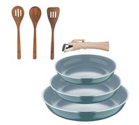 Bergner Click&Cook Lot de 3 poêles Ø18Ø20Ø24cm Aluminium pressé recyclé vert avec manche amovible + Set 3pc ustensiles cuisine bois acacia
