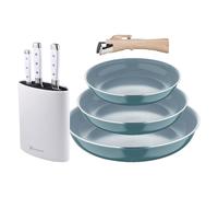 Bergner Click&Cook Lot de 3 poêles Ø18Ø20Ø24cm Aluminium pressé vert avec manche amovible + Jeu de 3 couteaux avec tacoma
