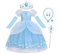 Berich Costume de princesse bleue avec couronne pour enfants, déguisement pour la Journée mondiale du livre Halloween et Noël, robe de princesse bleue 3-4 ans (bleu, 110)