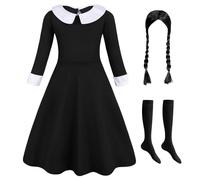 Berich Robe noire pour filles - Déguisement d'écolier gothique avec perruque - Costume d'Halloween pour la journée mondiale du livre - Tenue de costumade - Costume de princesse noire - 9 à 10 ans