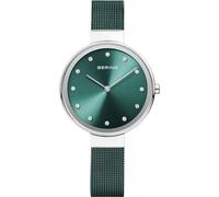 BERING 12034-808 Montre À Quartz pour Femme, 34 mm, Boîtier en Acier Inoxydable Argenté Et Cadran Vert, Bracelet Milanais, Verre Saphir, 3 ATM