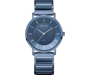 BERING 19535-797 Montre Solaire pour Femme, 35 mm, Boîtier en Acier Inoxydable Bleu Et Cadran Bleu, Bracelet en Acier Inoxydable À Éléments en Céramique, 3 ATM
