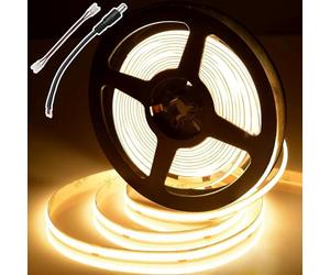 BERIXDEEP Ruban LED COB 5m, 480 LEDs/m, 24V Bande LED Uniforme avec Connecteur, Largeur 8mm, CRI 92+, Ruban LED Blanc Chaud pour Sous un meuble, Étagère, Panneau Mural (sans alimentation), 3000K
