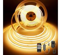 BERIXDEEP Ruban LED COB 5m, 480 LEDs/m, 3000K Bande LED Dimmable avec Telecommande et Alimentation, DC24V, CRI>92, Largeur 8mm, Ruban LED Blanc Chaud pour Décoration de Chambre