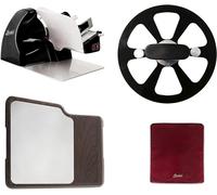 Berkel - Home Line 200 + Planche À Découper Inoxydable, Bois + Couverture Pour Trancheuse Rouge Taille M + Extracteur De Lame (Noir)