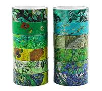 Berkin Arts Ruban Washi d'Art Fleurs Lot de 12 rouleaux, Washi Tape de masquage japonais de 15 mm de large Adhésif DIY Papier Décoratif,Autocollants Vert Couleur Vincent Van Gogh imprimer