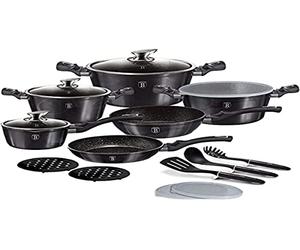 Berlinger Haus, Batterie de Cuisine de 18 Pièces, Collection Carbon Pro, revêtement en marbre antiadhésif à 3 couches, Poignée de touche souple ergo, Convient à tous types de plaques de cuisson
