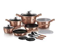 Berlinger Haus, Batterie de Cuisine de 18 Pièces, Collection Rose Gold, revêtement en marbre antiadhésif à 3 couches, Poignée de touche souple ergonomique, Pour tous feux