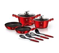 Berlinger Haus Burgundy Batterie de Cuisine à Induction 10 Pièces Antiadhésive Marbre sans PFOA, Aluminium, 2 Casseroles 2 Couvercles 2 Poêles à Frire 4 Ustensiles, Design Metallic Line Rouge BH-6141