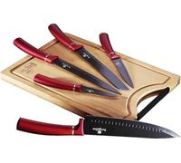 Berlinger Haus Burgundy Set de 5 Couteaux de Cuisine Professionnels, Planche à Découper en Bambou, Lame en Acier Inoxydable, Revêtement Antiadhésif, Couteau de Chef, Pain, Design Metallic Line