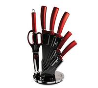 Berlinger Haus Burgundy Set de Couteaux de Cuisine Professionnel 8 Pièces, Acier Inoxydable, Revêtement Antiadhésif, Support, Santoku, Acier à Aiguiser, Ciseaux, Design Metallic BH-2562