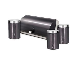 Berlinger Haus Carbon Pro Set Boîte à pain de table + Set de 3 pots de cuisine en acier inoxydable pour ranger le pain et les pâtisseries, couvercle coulissant, boîte Bread Box, gris/inox