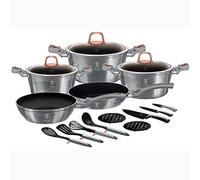 Berlinger Haus Moonlight Batterie de cuisine à induction, marbre sans PFOA, 3 casseroles, 3 couvercles en verre, 2 poêles, 3 couteaux, 4 ustensiles, 2 dessous de plat, gris