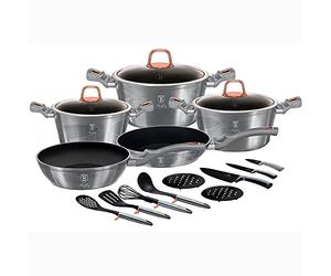 Berlinger Haus Moonlight Batterie de cuisine à induction, marbre sans PFOA, 3 casseroles, 3 couvercles en verre, 2 poêles, 3 couteaux, 4 ustensiles, 2 dessous de plat, gris