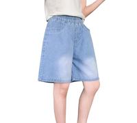 Bermuda athlétique en jean pour filles - Taille haute élastique - Short baggy décontracté - Léger et respirant - Extensible - Jorts Y2K vintage longueur genou, bleu clair, 15-16 ans