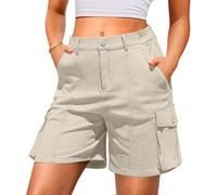 Bermuda cargo pour femme : séchage rapide, extensible, 6 poches, longueur genou avec cordon de serrage et taille élastique, parfait pour la randonnée en plein air, l'été, décontracté, beige, S