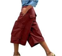 Bermuda cargo pour femme - Vintage Décontracté Baggy Longueur genou Coupe ample Pantalon utilitaire avec plusieurs poches Léger Randonnée Voyage Travail Extérieur Capris Streetwear, Rouge, XL